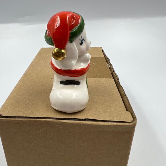 Vintage Glazed Ceramic Christmas Puppy in Stocking Holly Berry Gold Bell Mini - Picture 4 of 7